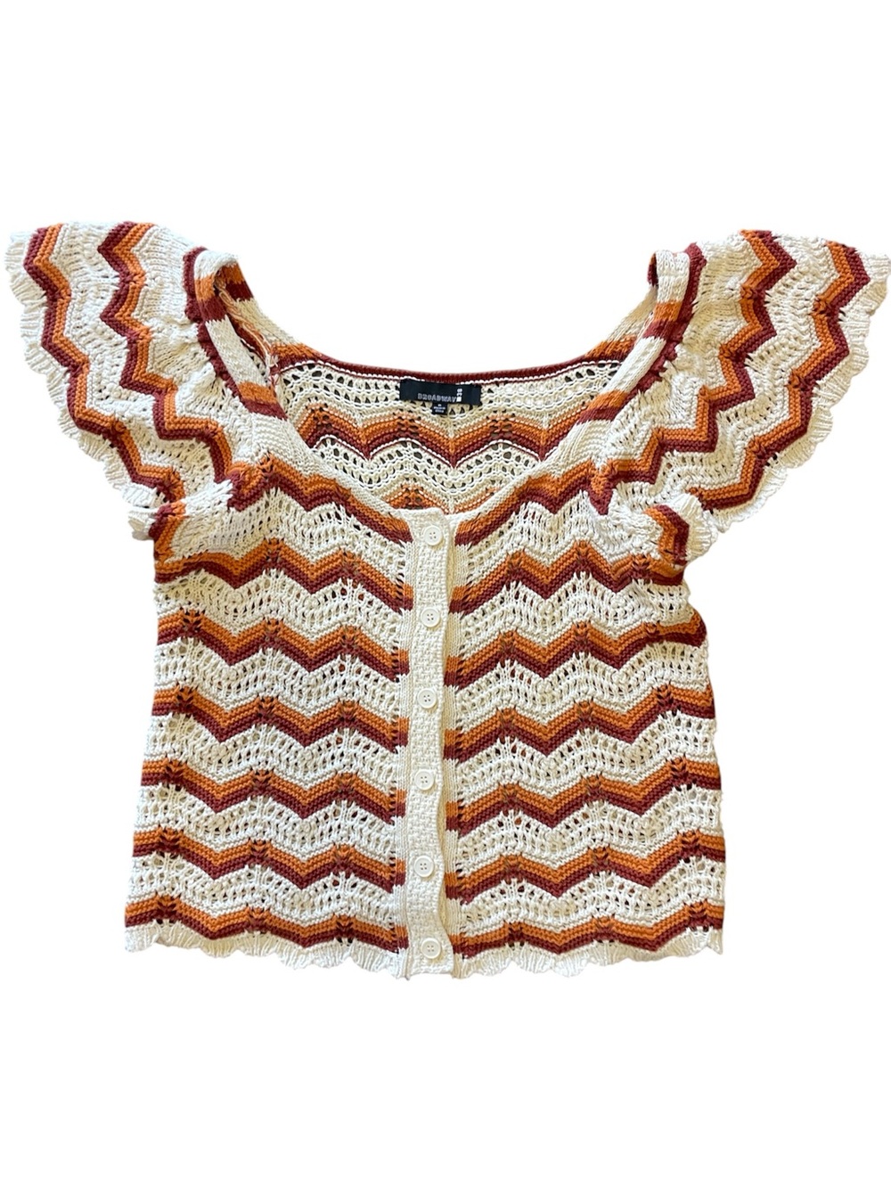 Broadway38 Boho Crochet Chevron Button-Front Top in Cream & Rust Size Medium